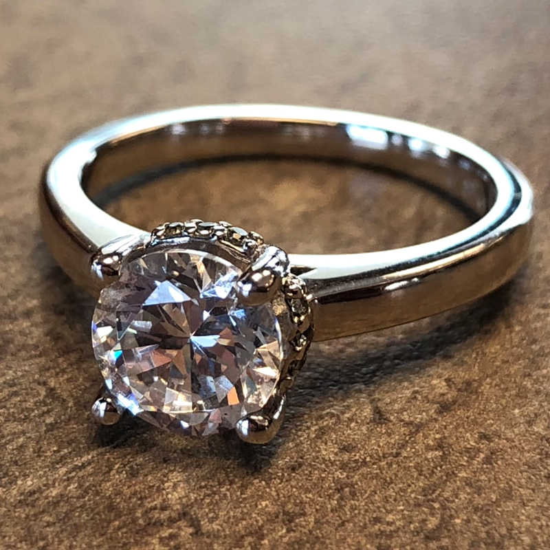 14K White Gold Solitaire Engagement Ring with Diamond Basket